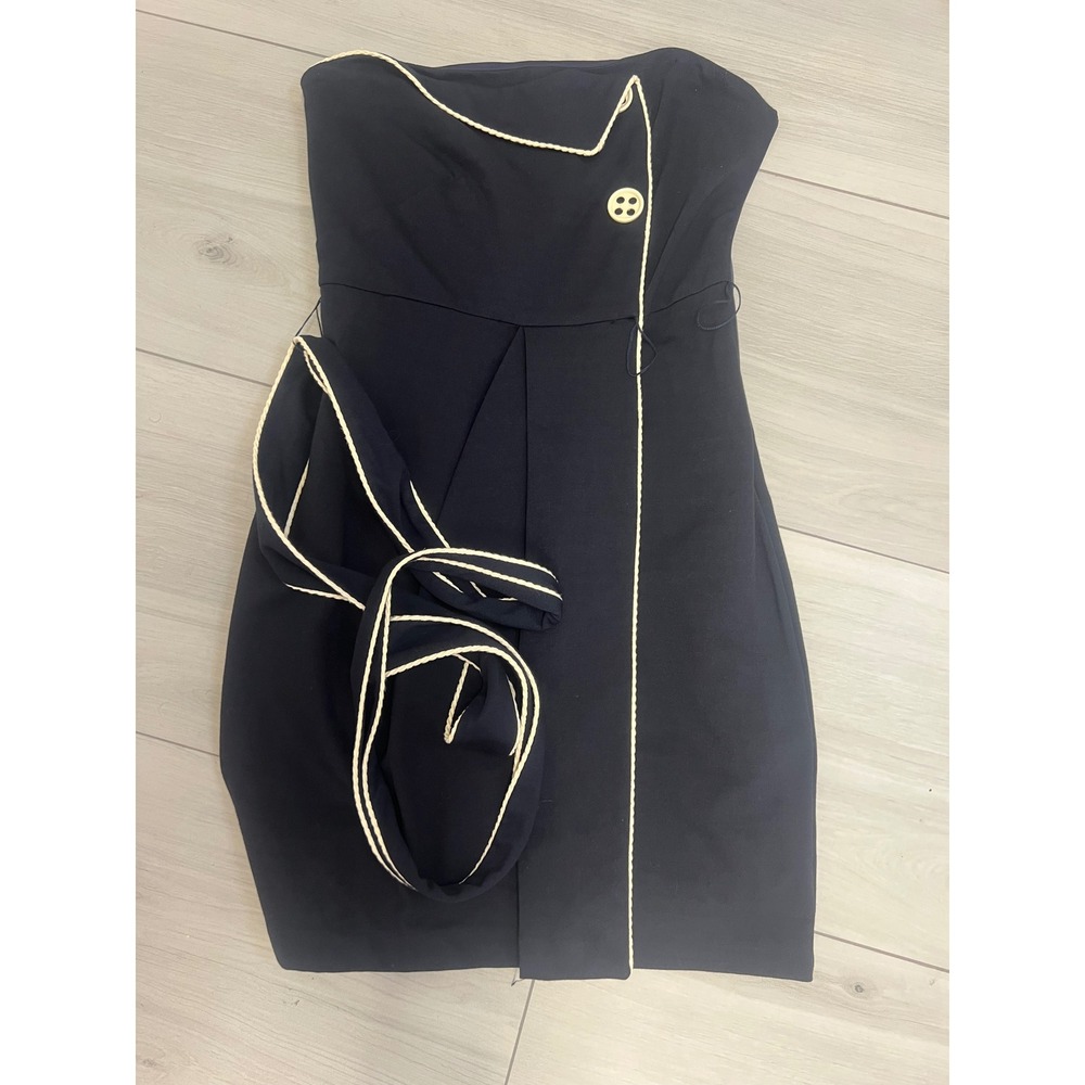 Eva Franco Strapless Dress Navy Blue Cream Trim Sz 8 Nautical Preppy Cocktail - Picture 4 of 8